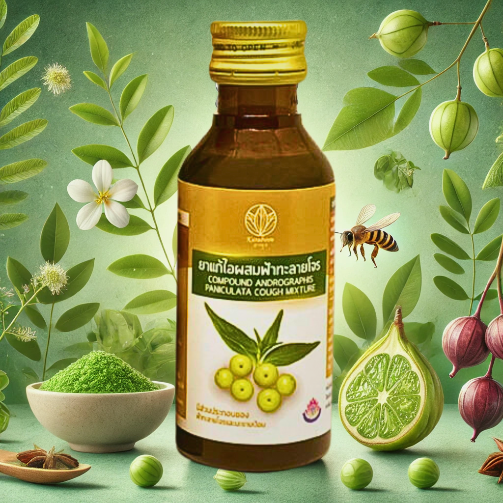 A bottle of Karaboon herbal cough syrup surrounded by Andrographis Paniculata (ฟ้าทะลายโจร) and Indian Gooseberry (มะขามป้อม) with a natural green herbal background.