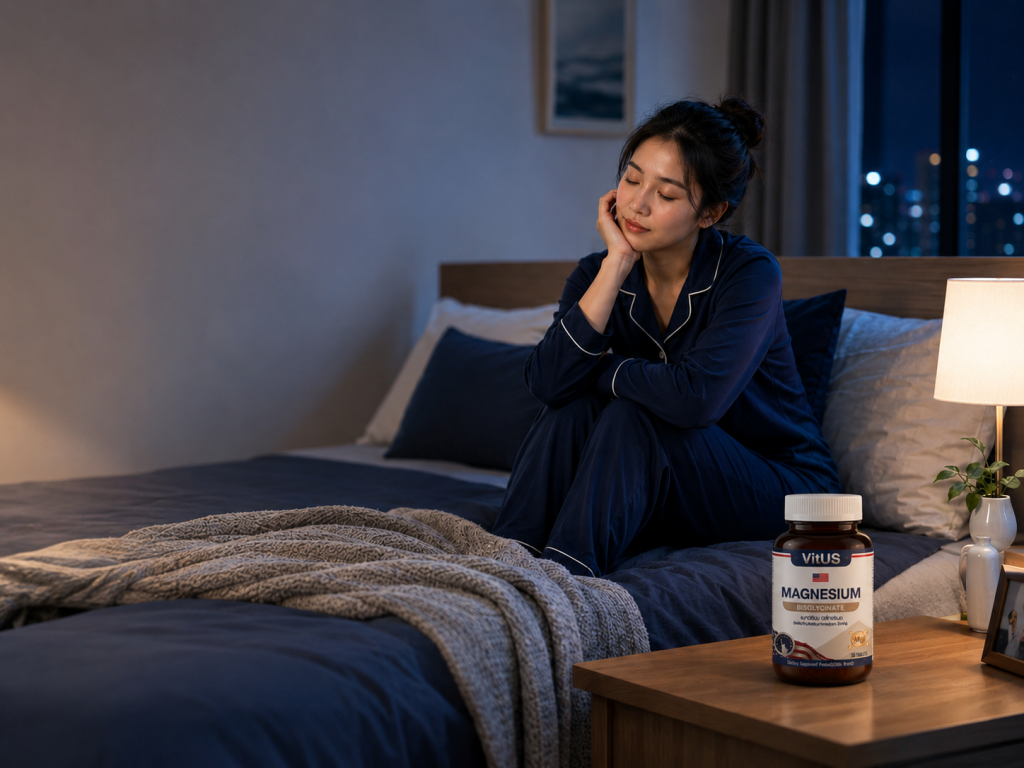 ผู้หญิงนั่งพักผ่อนบนเตียงตอนกลางคืน มีขวด VitUS Magnesium Bisglycinate วางบนโต๊ะข้างเตียง สำหรับสื่อถึงการดูแลการพักผ่อนและความผ่อนคลายก่อนนอน