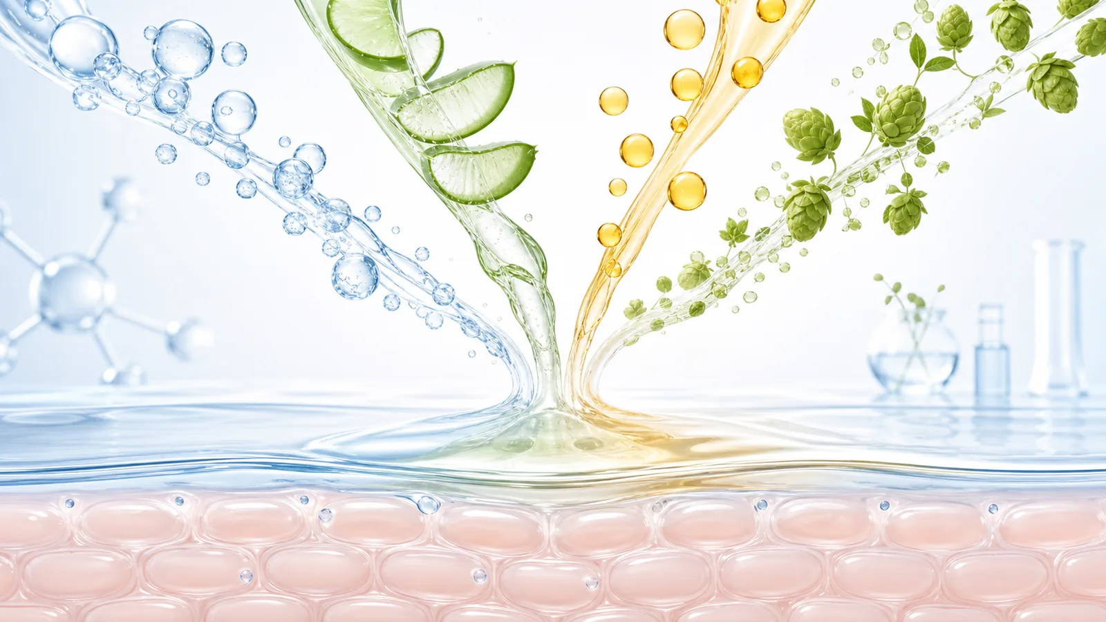 ภาพแนวคิดการทำงานร่วมกันของสารให้ความชุ่มชื้น Aloe Vera Jojoba Oil และ Organic Hops Extract