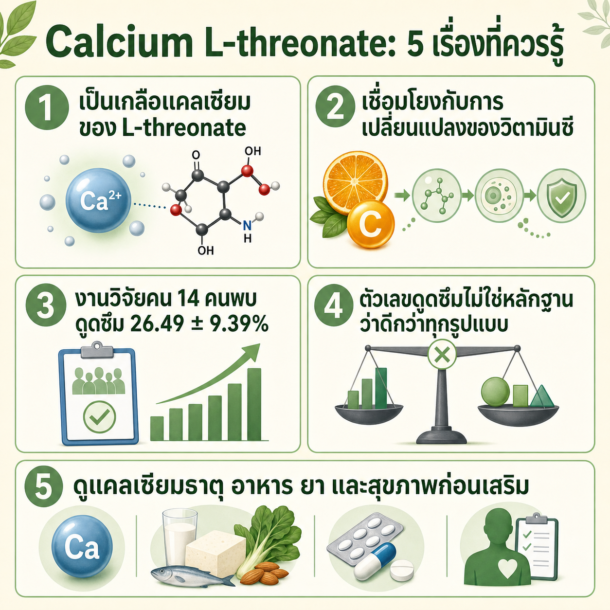 อินโฟกราฟิกสรุป 5 เรื่องที่ควรรู้เกี่ยวกับ Calcium L-threonate