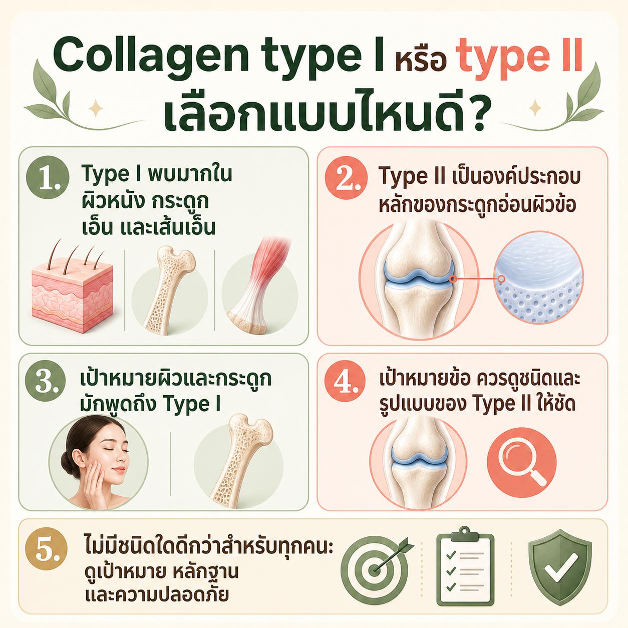 อินโฟกราฟิกสรุปความแตกต่างของ Collagen type I และ type II และหลักการเลือกตามเป้าหมาย