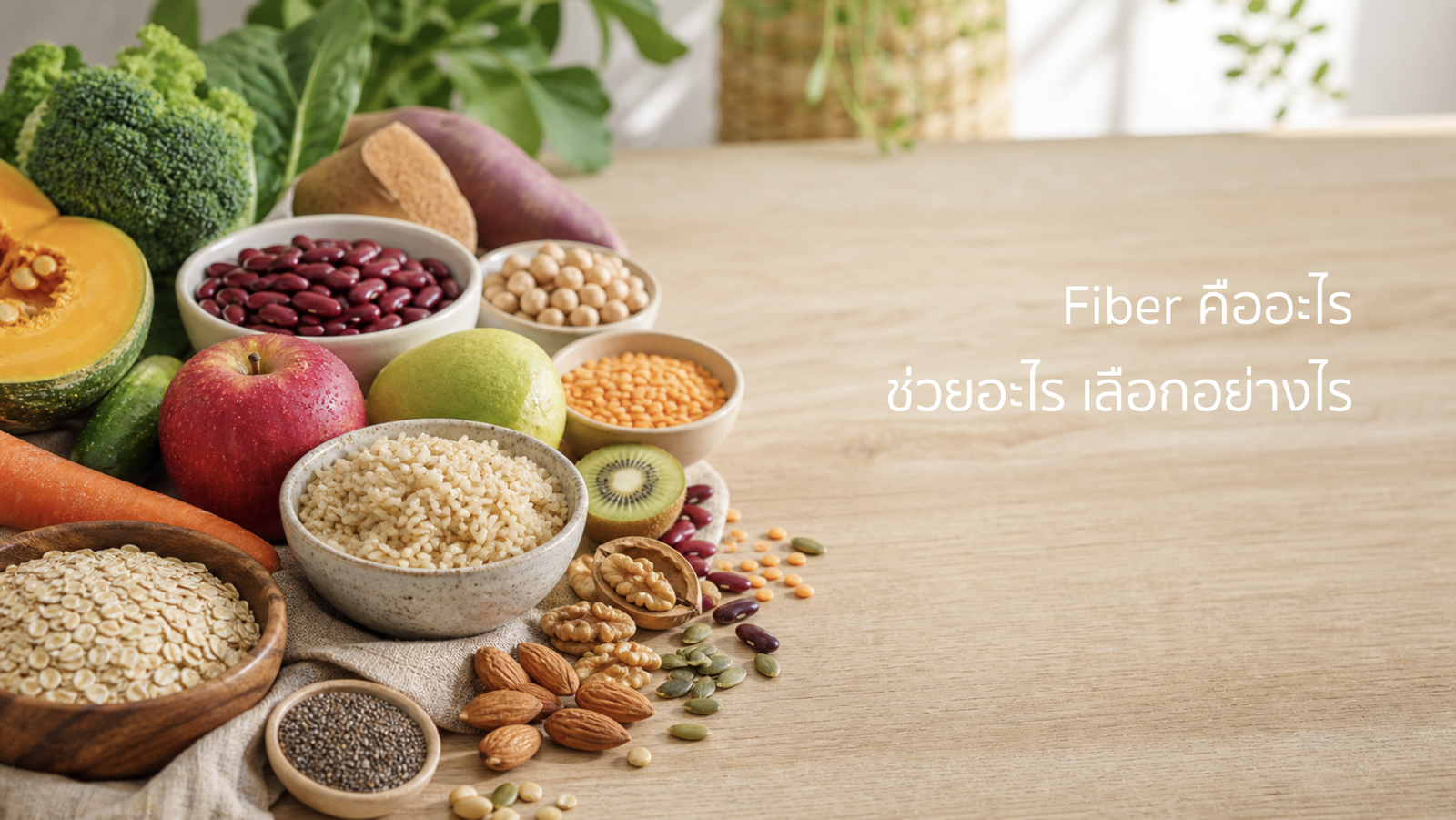 ภาพอาหารจากพืชที่มี Fiber เช่น ข้าวโอ๊ต ธัญพืชไม่ขัดสี ถั่ว ผัก ผลไม้ และเมล็ดพืช