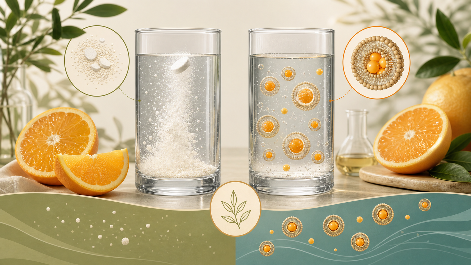 ภาพเปรียบเทียบแนวคิดของวิตามินซีรูปแบบทั่วไปกับ Liposomal Vitamin C