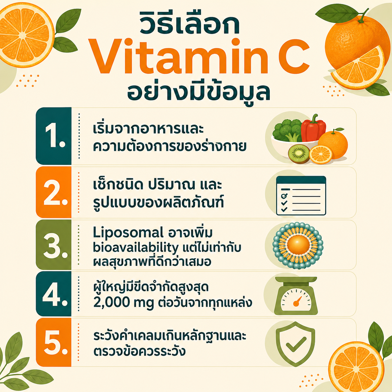 อินโฟกราฟิกสรุปวิธีเลือก Vitamin C และข้อควรระวังของ Liposomal Vitamin C
