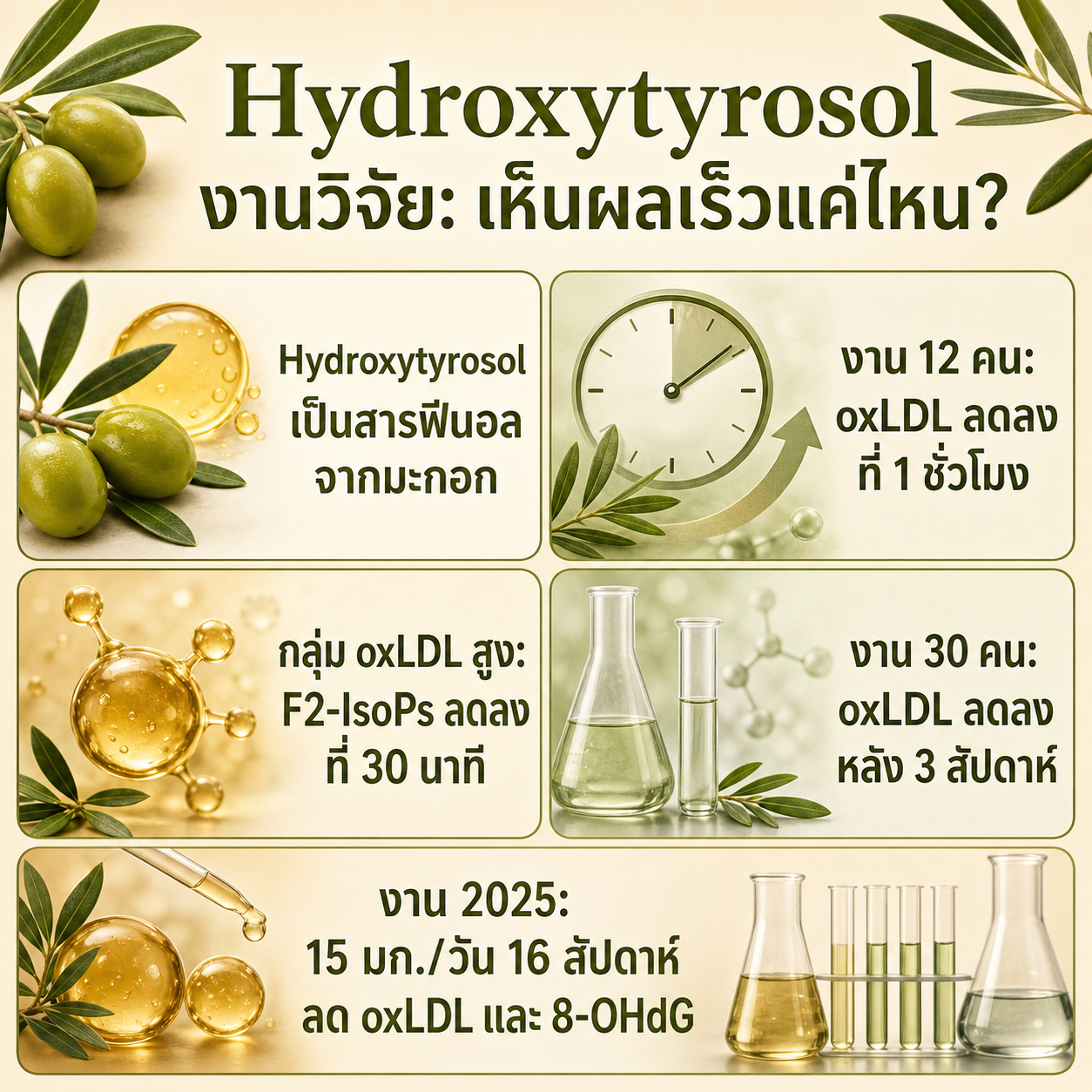 อินโฟกราฟิกสรุปความเร็วของผลลัพธ์จากงานวิจัย hydroxytyrosol
