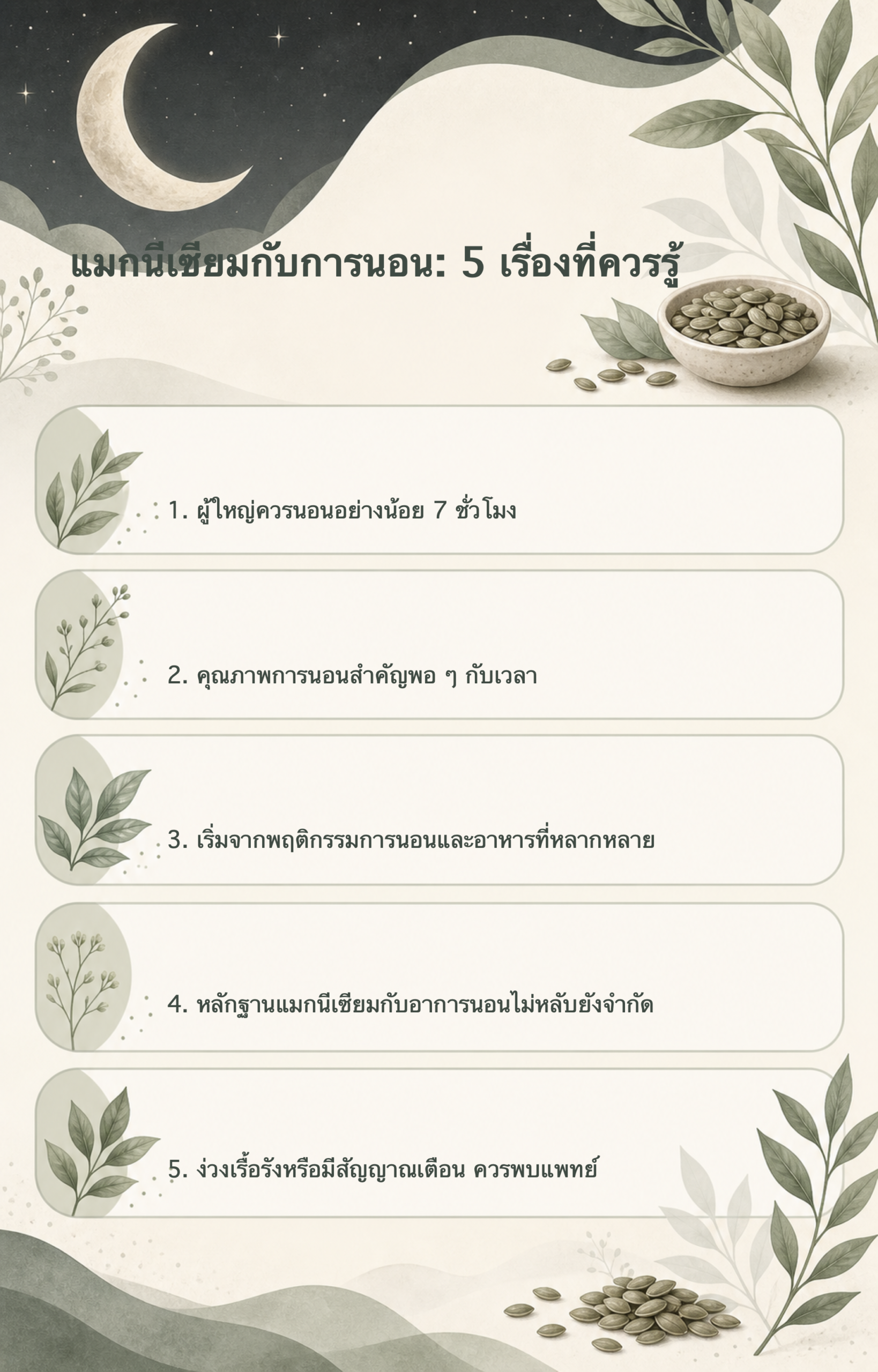 อินโฟกราฟิก แมกนีเซียมกับการนอน 5 เรื่องที่ควรรู้