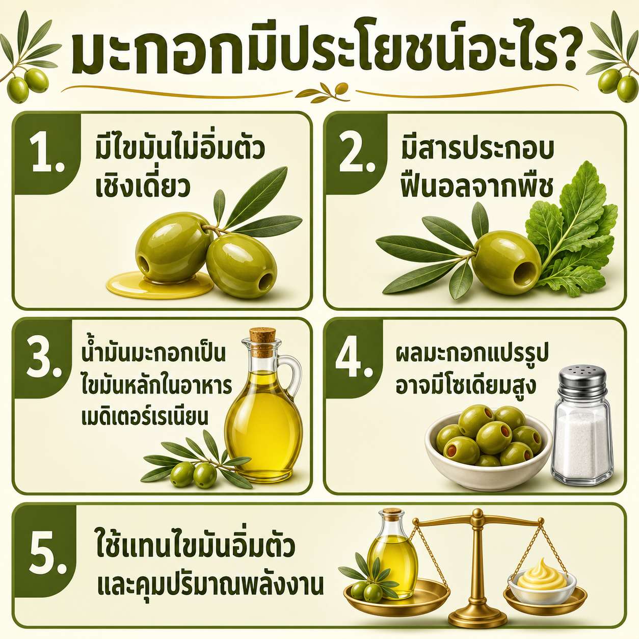 อินโฟกราฟิกสรุป 5 เรื่องที่ควรรู้เกี่ยวกับมะกอก ไขมันไม่อิ่มตัว โพลีฟีนอล และโซเดียม