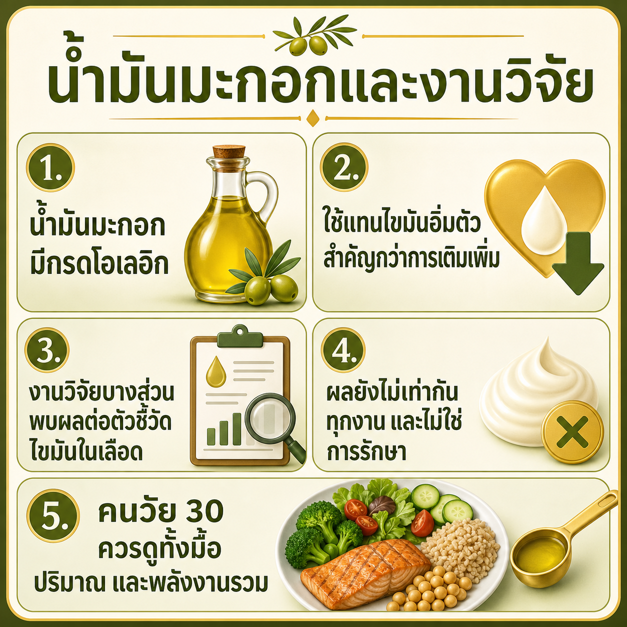อินโฟกราฟิกสรุป 5 เรื่องจากงานวิจัยเกี่ยวกับน้ำมันมะกอกสำหรับคนทำงานวัยสามสิบ