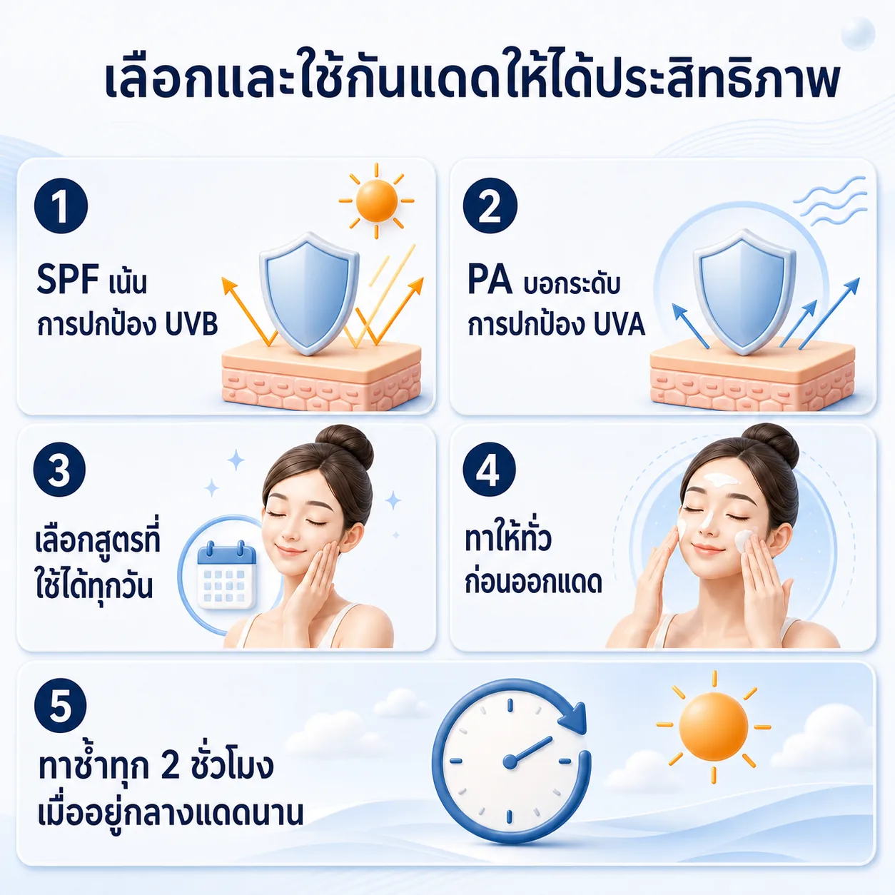 สรุป 5 ข้อสำหรับเลือกและใช้กันแดดให้ได้ประสิทธิภาพ