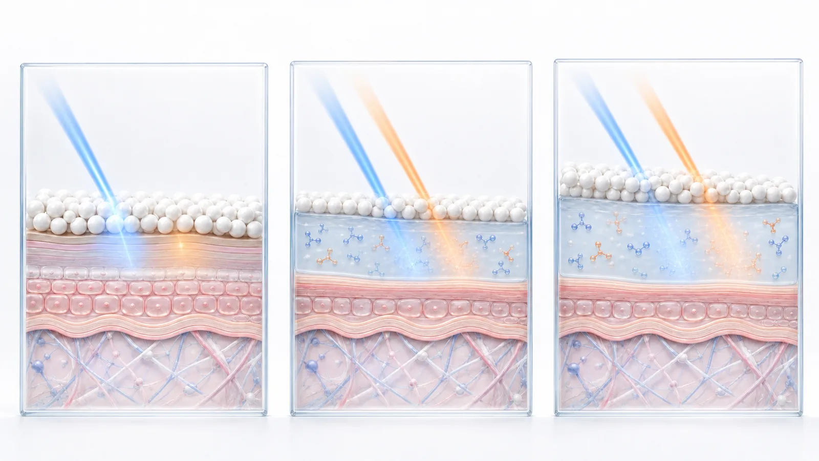 ภาพแนวคิดเปรียบเทียบระบบสารกรองรังสียูวีแบบ Physical Chemical และ Hybrid