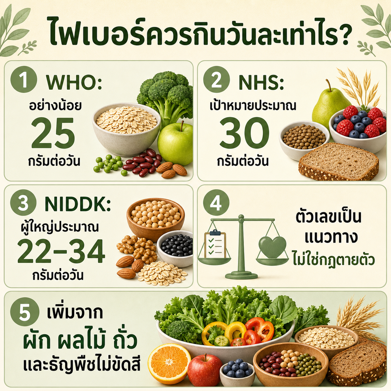 อินโฟกราฟิกสรุปเป้าหมายไฟเบอร์ 25 กรัม 30 กรัม และช่วง 22 ถึง 34 กรัมต่อวัน