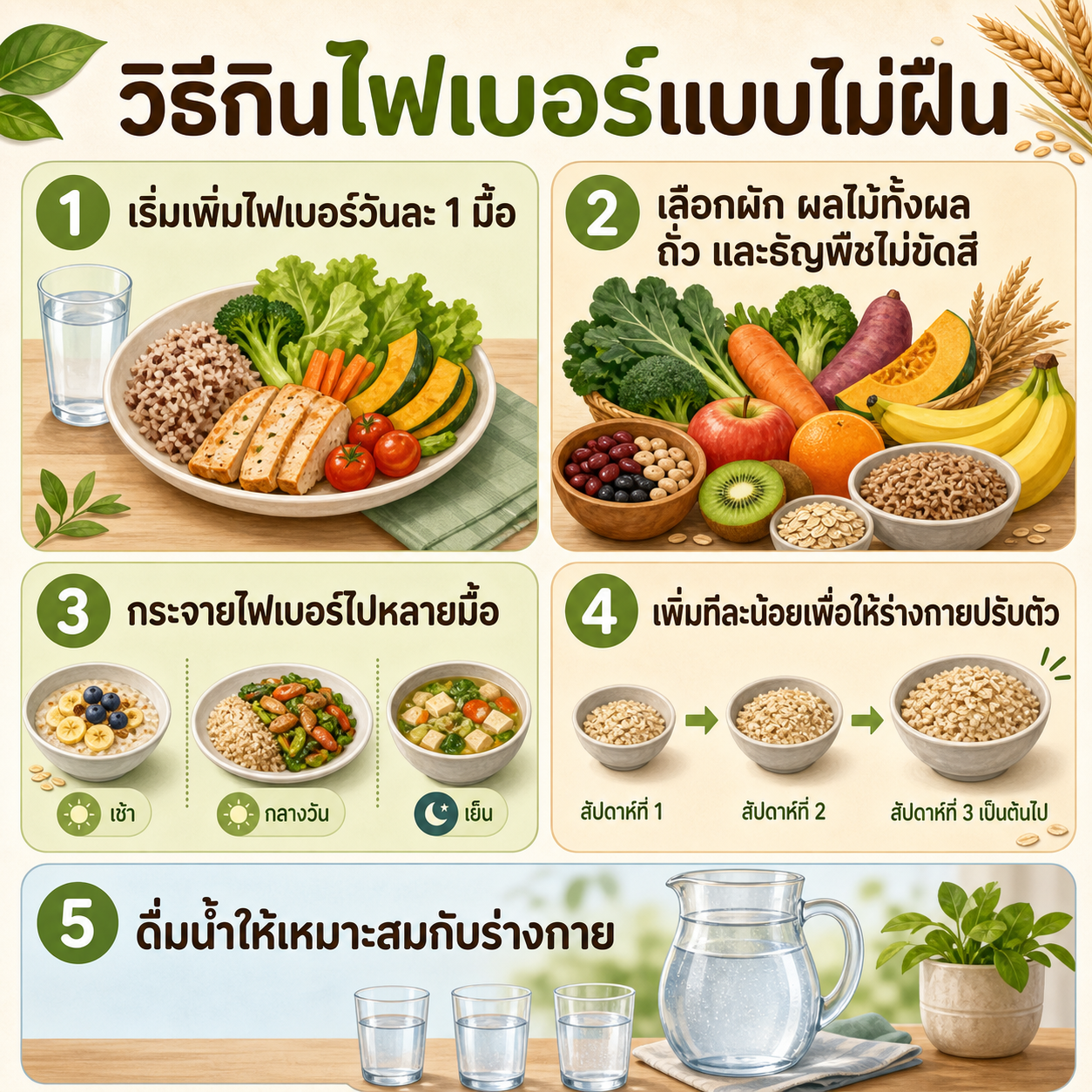 อินโฟกราฟิกสรุปวิธีกินไฟเบอร์ในมื้อเช้า กลางวัน ของว่าง และมื้อเย็น