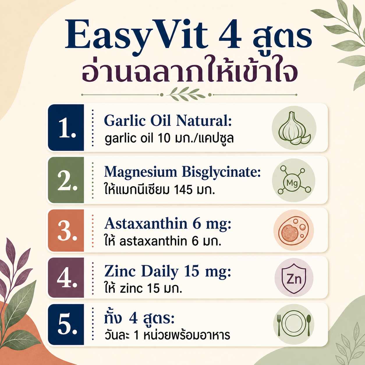 อินโฟกราฟิกเปรียบเทียบ EasyVit 4 สูตร ชนิดสารสำคัญ ปริมาณ และรูปแบบผลิตภัณฑ์