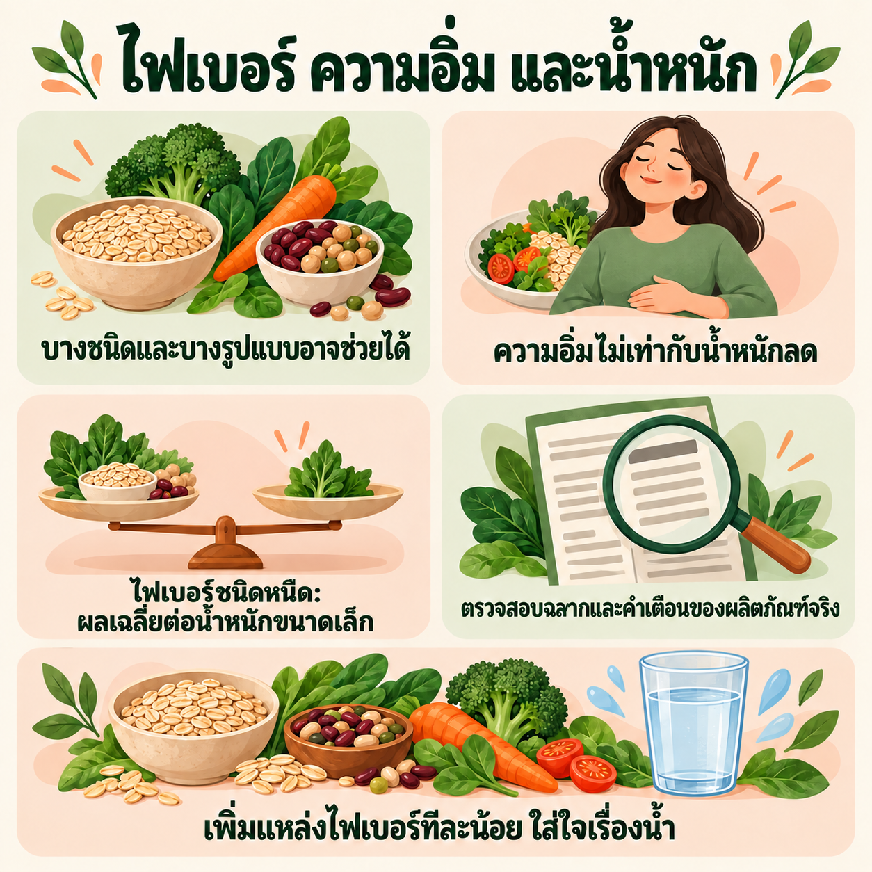 อินโฟกราฟิกแยกความอิ่ม ปริมาณอาหาร และน้ำหนัก พร้อมแยกหลักฐานอาหาร ไฟเบอร์เสริม และผลิตภัณฑ์สำเร็จรูป