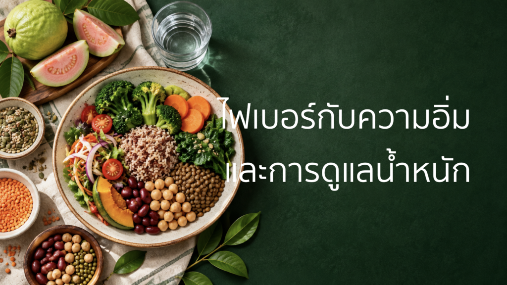 มื้ออาหารจากธัญพืช ถั่ว ผัก และฝรั่ง พร้อมชื่อบทความไฟเบอร์กับความอิ่มและการดูแลน้ำหนัก